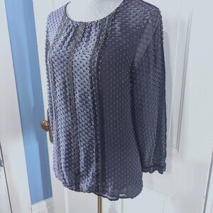 J Crew Silk Textured Swiss Dot Navy Blue Blouse w/ Black Lace Trim - Size 6